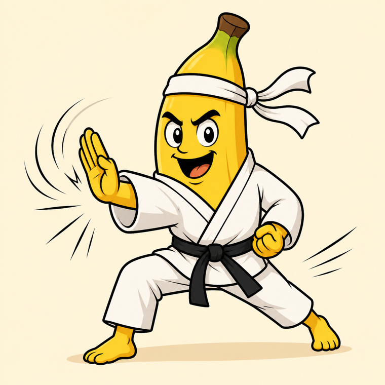 Bananas su kimono ir juodu diržu kerta ranka. Žodis „kirtis“ lietuviškai reiškia ir kirčio ženklą, ir smūgį.