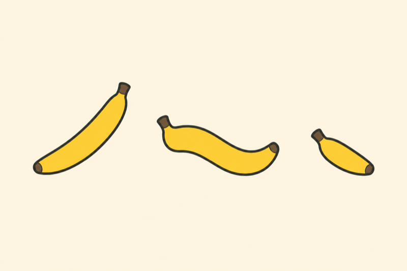 Trys bananai, išsirikiavę kaip trys lietuviški kirčio ženklai: tvirtapradis, tvirtagalis ir trumpinis.
